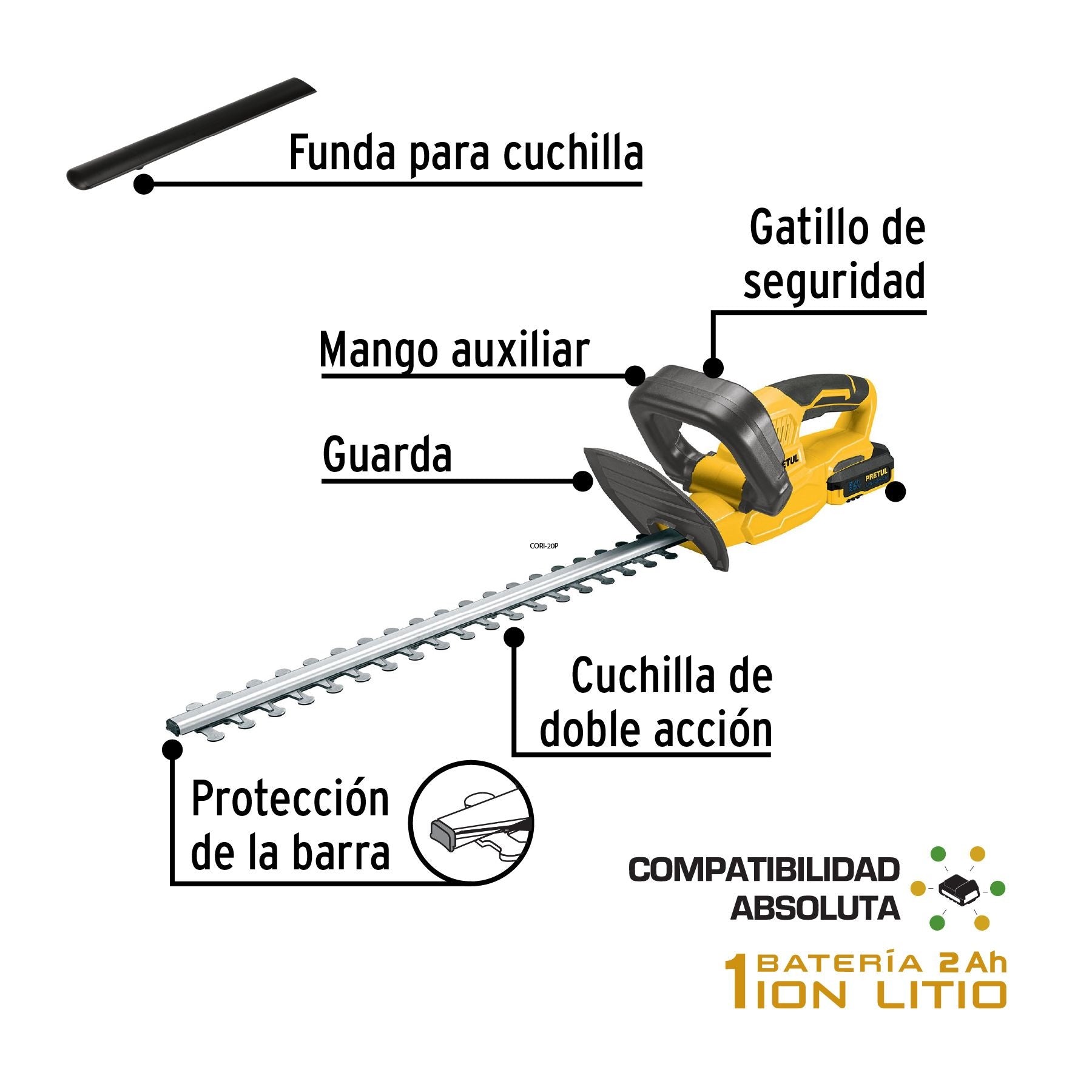 Cortasetos inalámbrico 20V, 1 batería 2Ah, 1 carg. PRETUL