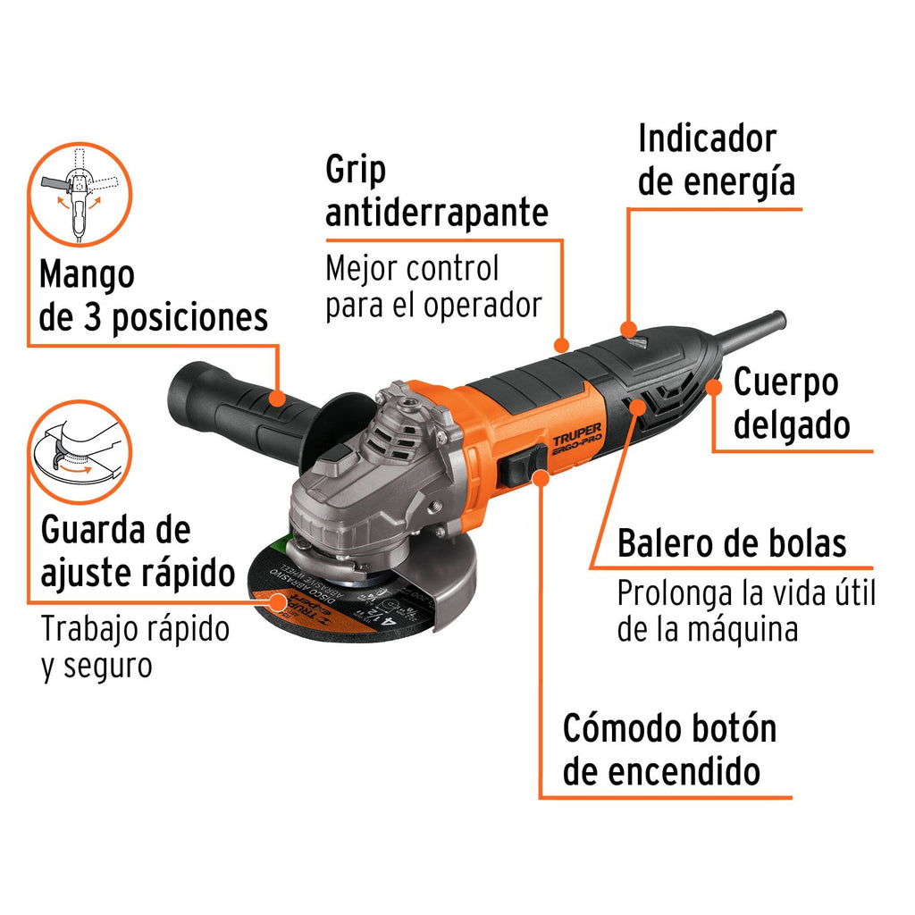 Esmeriladora angular 4-1/2", 800W, TRUPER PRO