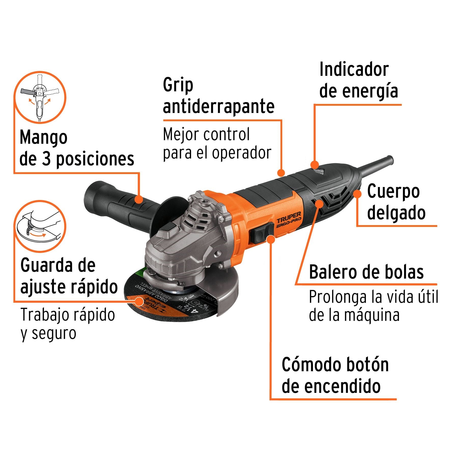Esmeriladora angular 4-1/2", 800W, TRUPER PRO