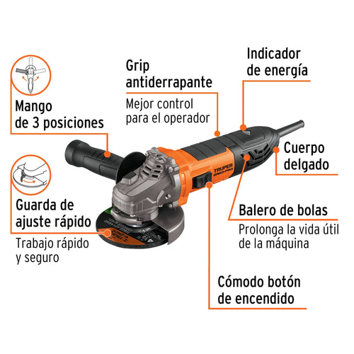 Esmeriladora angular 4-1/2", 800W, TRUPER PRO