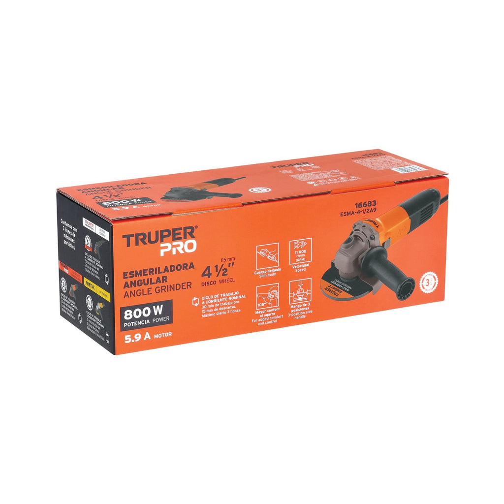 Esmeriladora angular 4-1/2", 800W, TRUPER PRO