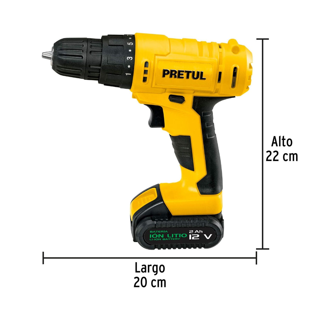 Taladro/destornillador 3/8", 12V, 1 batería 2Ah, PRETUL